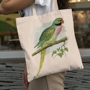 Red Breasted Parakeet Vintage Parrot Print Graphic Canvas Tote Bag